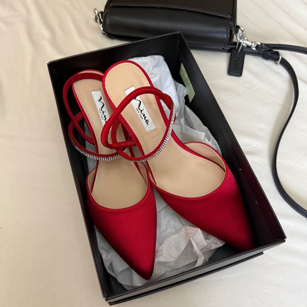 Nina Billie slingback pointed-toe pump in red satin with crystal-covered instep
